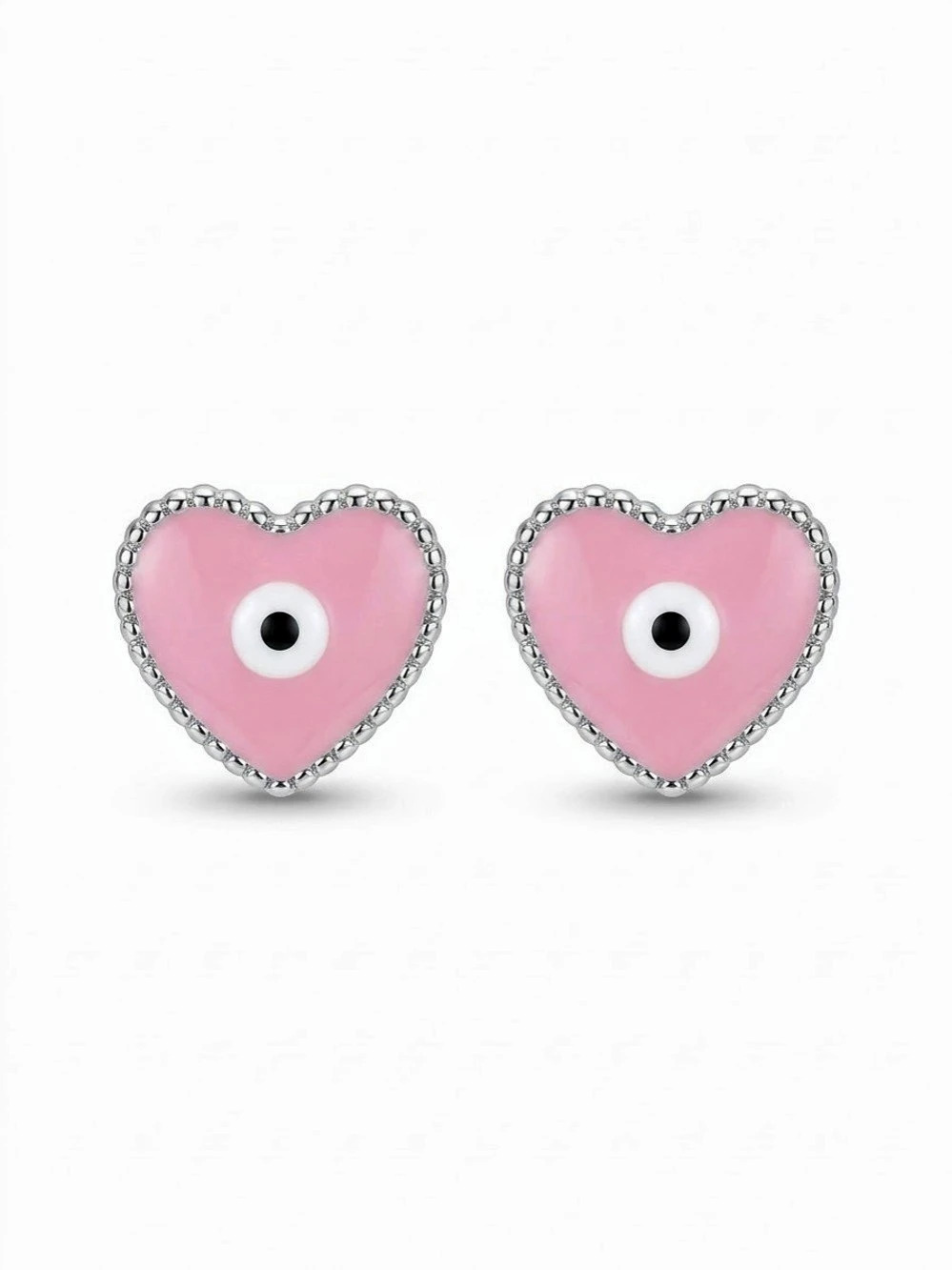 White Gold Filled Pink Enamel Heart Evil Eye Stud Earrings nip 12